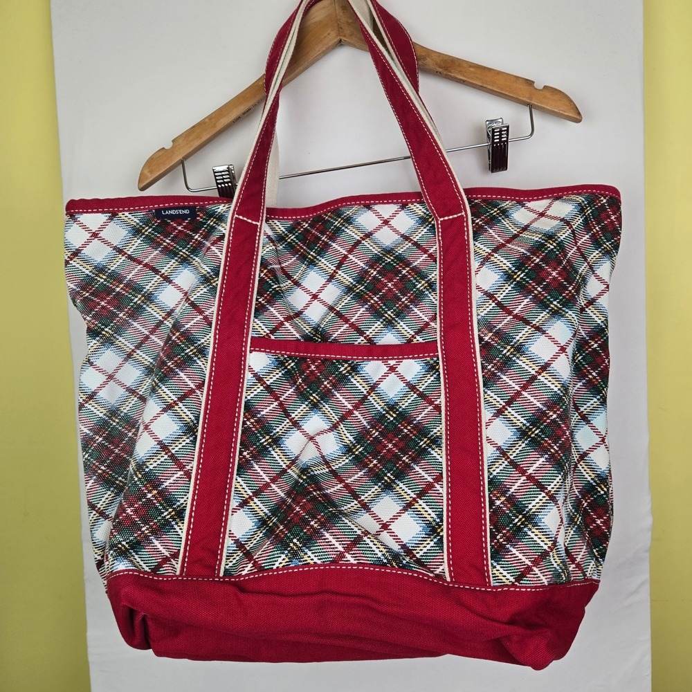 Lands End Plaid Canvas Tote Bag Red Green White Heavy Duty XL Travel Christmas